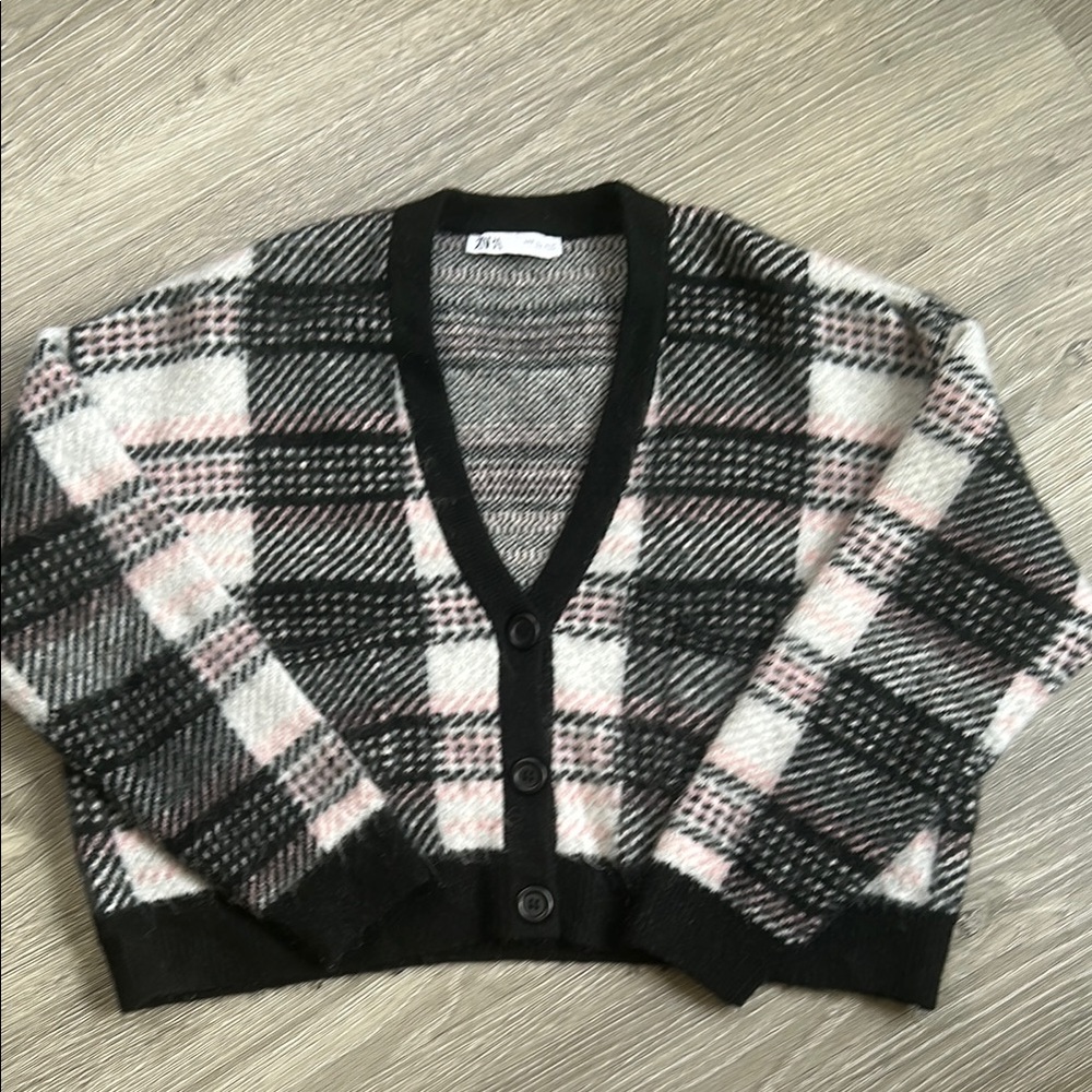 Zara Wool Plaid Cardigan Sweater